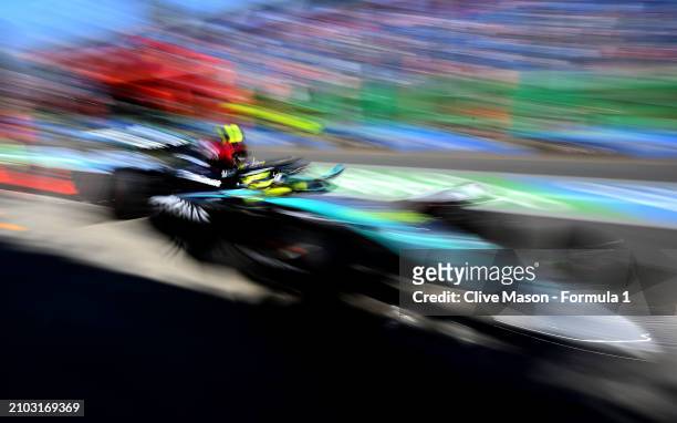 Lewis Hamilton of Great Britain driving the Mercedes AMG Petronas F1 Team W15 in the Pitlane during practice ahead of the F1 Grand Prix of Australia...