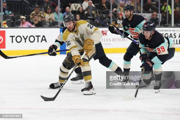 Michael Amadio of the Vegas Golden Knights skates on a breakaway during the second period against the Seattle Kraken at T-Mobile Arena on March 21,...