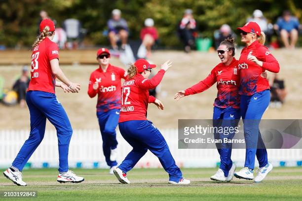 England players celebrate a wicket during game two of the T20 International series between New Zealand and England at Saxton Field on March 22, 2024...