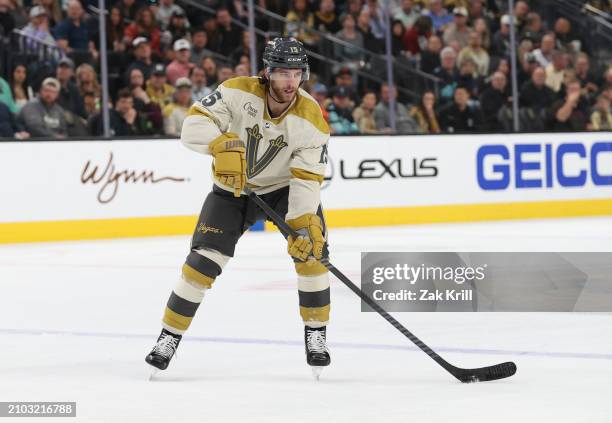 Noah Hanifin of the Vegas Golden Knights skates during the second period against the Seattle Kraken at T-Mobile Arena on March 21, 2024 in Las Vegas,...