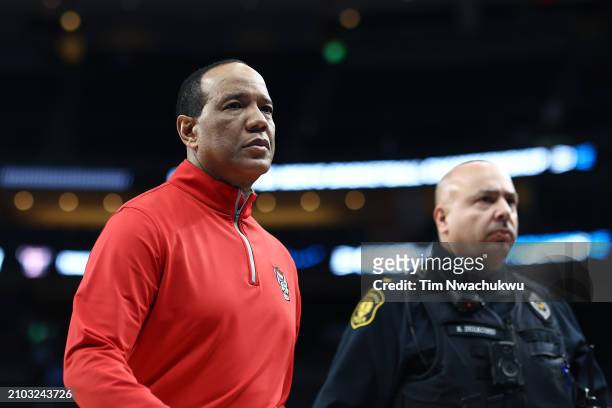 Head coach Kevin Keatts of the North Carolina State Wolfpack walks off the court after defeating the Texas Tech Red Raidersduring the second half in...