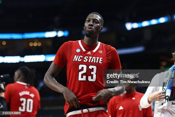 Mohamed Diarra of the North Carolina State Wolfpack reacts after defeating the Texas Tech Red Raiders during the second half in the first round of...