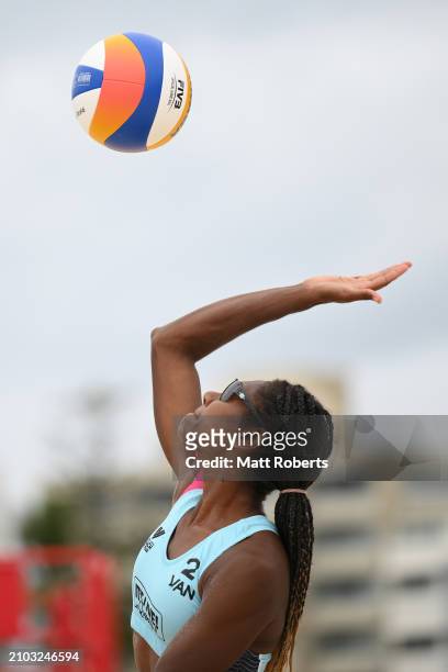 Majabelle Lawac of Vanuatu plays a shot with Linline Matauatu against Olivia MacDonald and Kiana Stevenson of New Zealand during the Volleyball World...