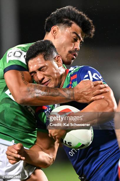 Roger Tuivasa-Sheck of the Warriors charges forward during the round three NRL match between New Zealand Warriors and Canberra Raiders at Apollo...