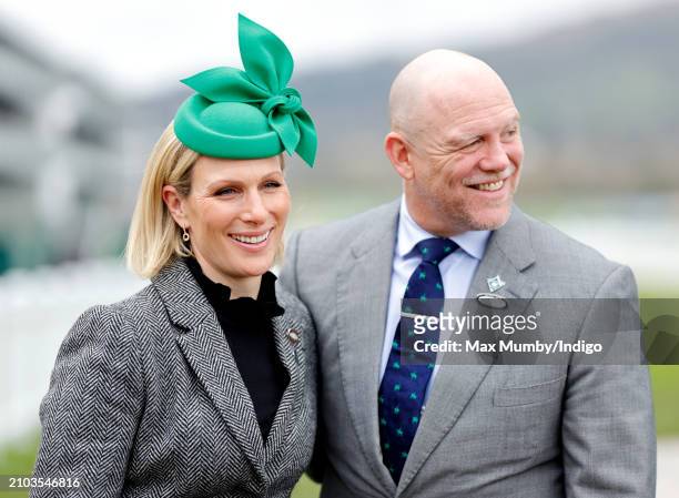 Zara Tindall and Mike Tindall attend day 3 'St Patrick's Thursday' of the Cheltenham Festival at Cheltenham Racecourse on March 14, 2024 in...
