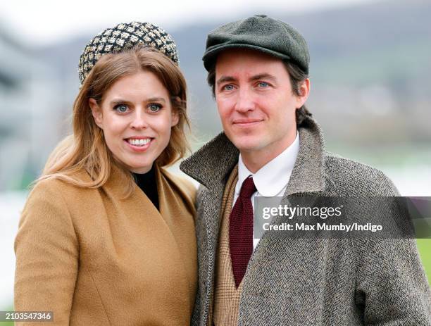 Princess Beatrice and Edoardo Mapelli Mozzi attend day 3 'St Patrick's Thursday' of the Cheltenham Festival at Cheltenham Racecourse on March 14,...