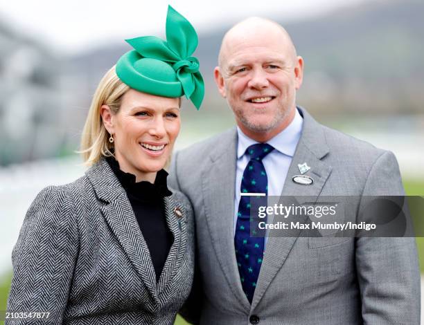 Zara Tindall and Mike Tindall attend day 3 'St Patrick's Thursday' of the Cheltenham Festival at Cheltenham Racecourse on March 14, 2024 in...