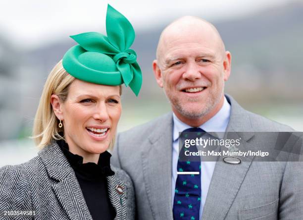 Zara Tindall and Mike Tindall attend day 3 'St Patrick's Thursday' of the Cheltenham Festival at Cheltenham Racecourse on March 14, 2024 in...