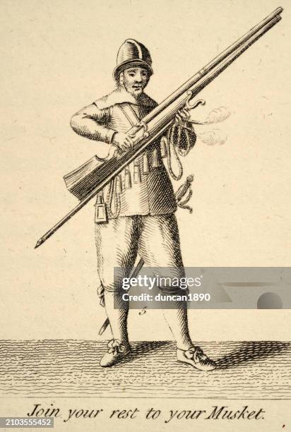 english soldier, musketeer, exercise with the musket, infantry, military history, weapons 17th century - one man only stock illustrations stock illustrations