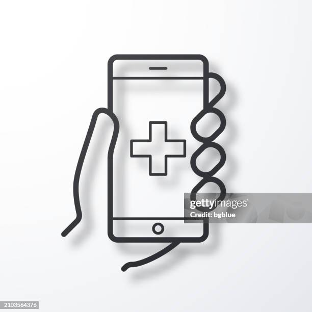 emergency call. line icon with shadow on white background - black hand iphone stock illustrations