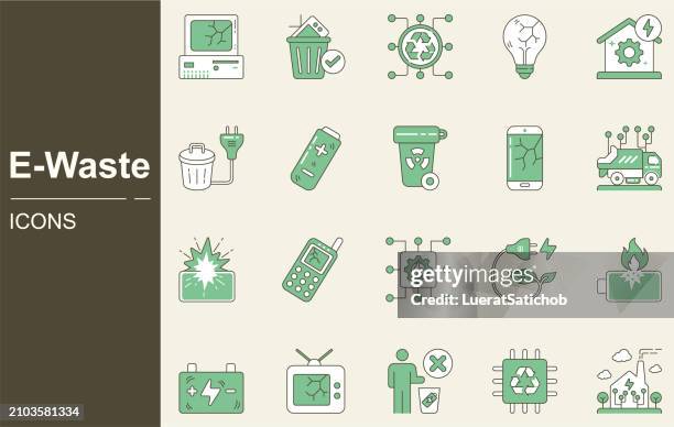 e-waste icon set.recycling, garbage, contains such icons as electronic waste, monitor, phone, battery, environmental, green, eco, old appliances, inscription, waste management, e-waste type categories - e waste stock illustrations