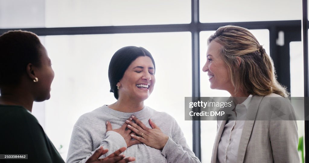 Business women, surprise and promotion in company for professional person and thank you in meeting for proposal. Hr administrator, praise or feedback on project or achievement for career satisfaction