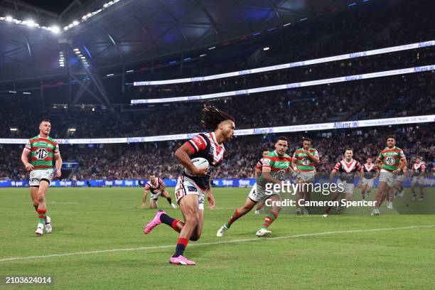 Dominic Young of the Roosters scores a try during the round three NRL match between Sydney Roosters and South Sydney Rabbitohs at Allianz Stadium, on...