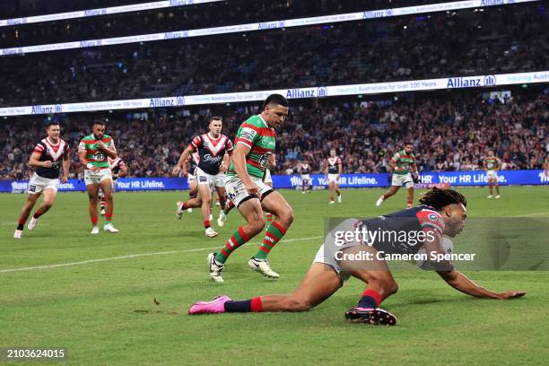 Dominic Young of the Roosters scores a try during the round three NRL match between Sydney Roosters and South Sydney Rabbitohs at Allianz Stadium, on...