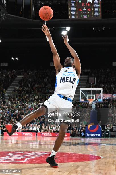 Ian Clark of United shoots during game two of the NBL Championship Grand Final Series between Tasmania Jackjumpers and Melbourne United at MyState...