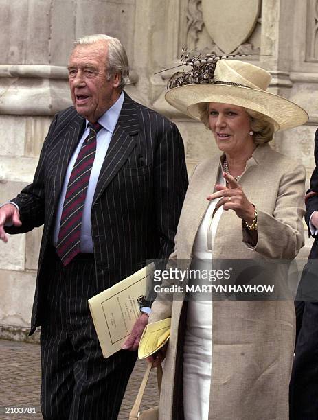 Camilla Parker Bowles and her father Bruce Shand leave Westminster Abbey in London 02 June 2003 after attending the service to commemorate the 50th...