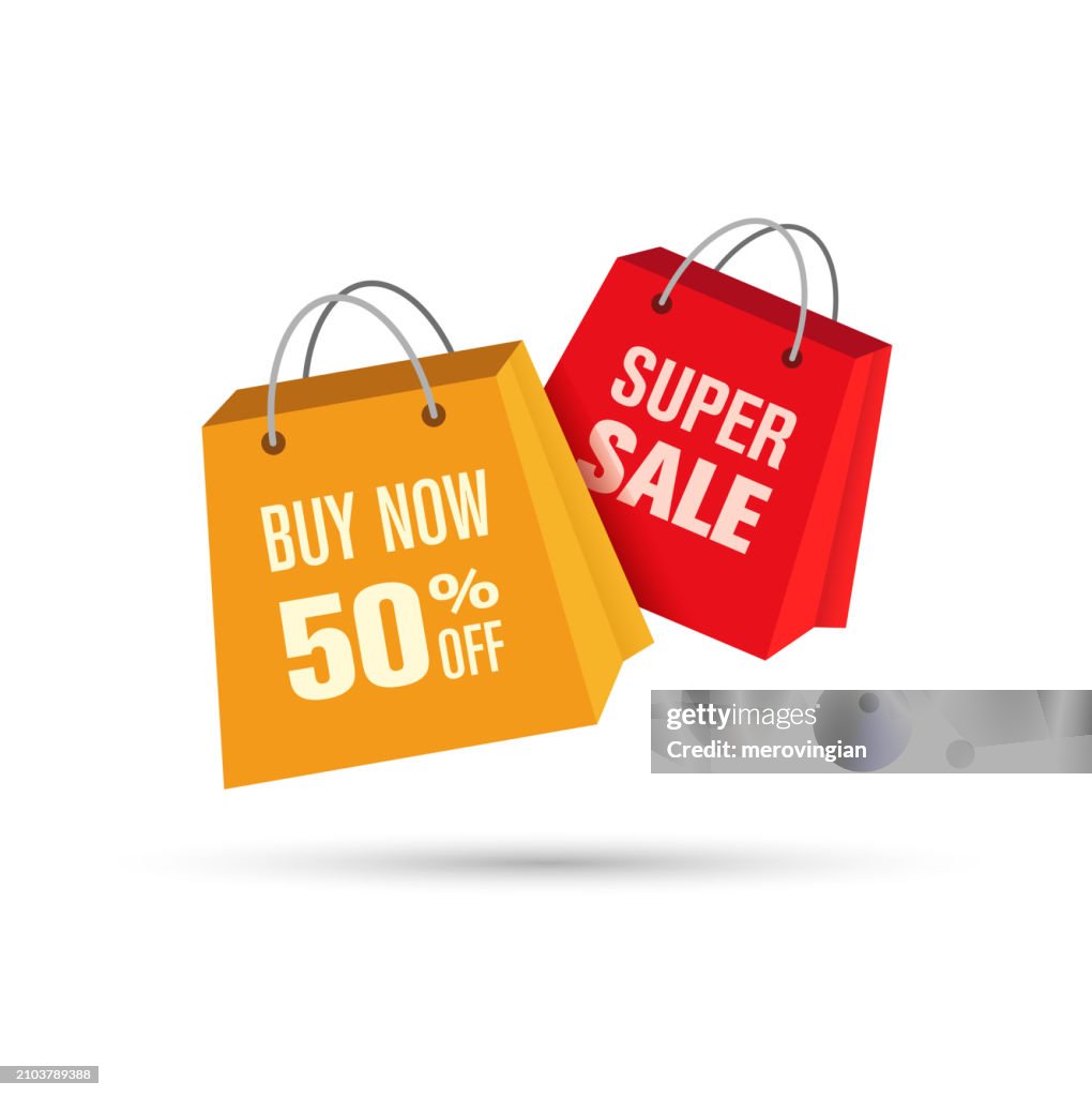 Sacolas de compras com notificação de 50% de desconto