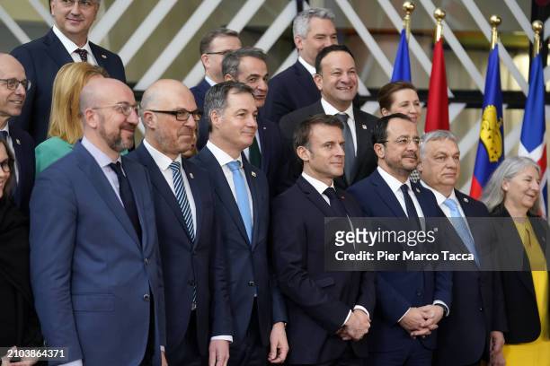 European Heads of State attend a family photo during European Council Meeting on March 22, 2024 in Brussels, Belgium. According to the Council's...