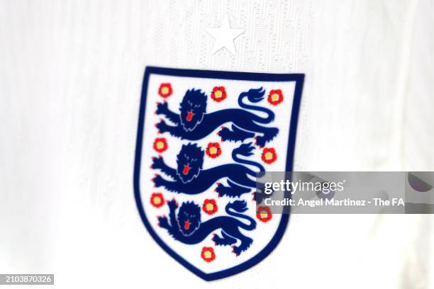 Detailed view of the England badge prior to the International Friendly match between England U18 and Germany U18 at Pinatar Arena on March 22, 2024...