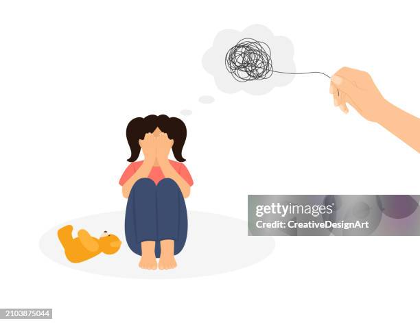sad, lonely child with tangled thoughts sitting on floor and covering her face with her hands. human hand helping little girl and unraveling the tangle of thoughts - panic attack stock illustrations