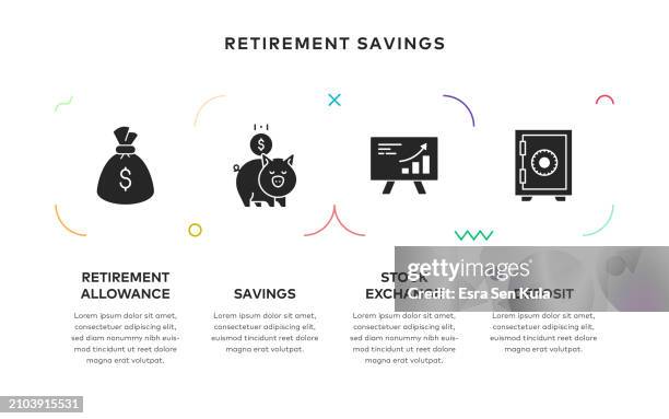 retirement savings concept infographic design with solid icons - safe box vector stock illustrations