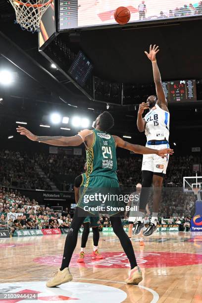 Ian Clark of United shoots during game two of the NBL Championship Grand Final Series between Tasmania Jackjumpers and Melbourne United at MyState...