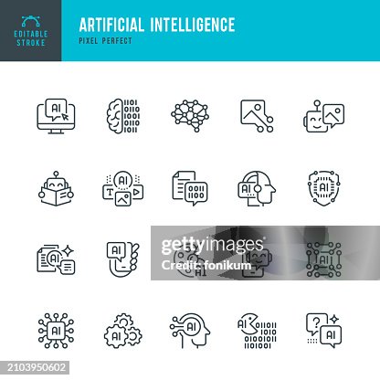 Artificial Intelligence - set of vector linear icons. Pixel perfect. Editable stroke. The set includes a Artificial Intelligence, Robot, Brain, Chatbot, Virtual Assistant, Big Data, Binary Code, Network Security, Generative Art. Artificial Intelligence - set of vector linear icons. Pixel perfect. Editable stroke. The set includes a Artificial Intelligence, Robot, Brain, Chatbot, Virtual Assistant, Big Data, Binary Code, Network Security, Generative Art.