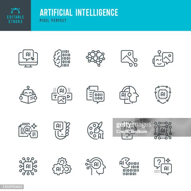 stockillustraties, clipart, cartoons en iconen met artificial intelligence - set of vector linear icons. pixel perfect. editable stroke. the set includes a artificial intelligence, robot, brain, chatbot, virtual assistant, big data, binary code, network security, generative art. - imitatie