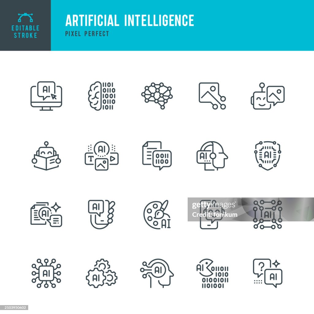 Artificial Intelligence - set of vector linear icons. Pixel perfect. Editable stroke. The set includes a Artificial Intelligence, Robot, Brain, Chatbot, Virtual Assistant, Big Data, Binary Code, Network Security, Generative Art.
