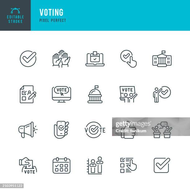 illustrations, cliparts, dessins animés et icônes de vote - ensemble d’icônes linéaires vectorielles. pixel parfait. trait modifiable. l’ensemble comprend une élection, un vote, un capitole, une maison blanche, une coche, une urne, une démonstration, un débat, un vote électronique, une date de cale - lever la main