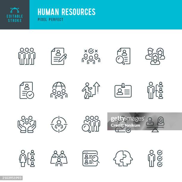 human resources - set of vector linear icons. pixel perfect. editable stroke. the set includes a human resources, manager, resume, recruitment, candidate, job interview, career, teamwork, group of people. - candidate stock illustrations