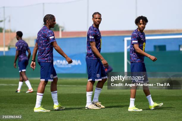 Playeres of England U18 warm up prior to the International Friendly match between England U18 and Germany U18 at Pinatar Arena on March 22, 2024 in...