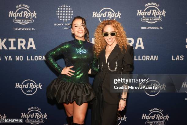 Latin Grammy winner, Juliana Velásquez and author, Amalia Andrade attend the "Las Mujeres Ya No Lloran" album release party at Hard Rock Live at...