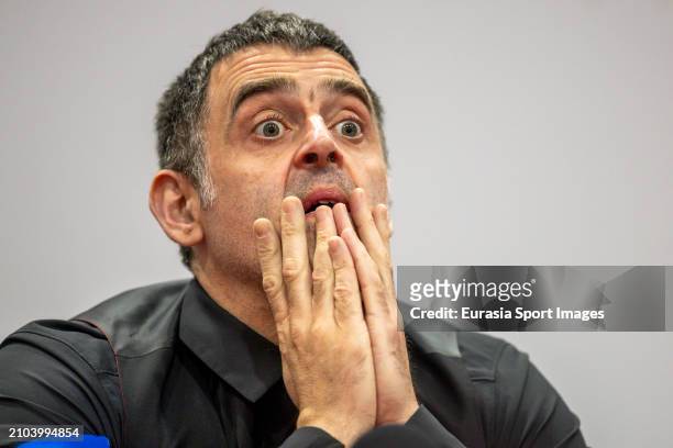 Ronnie O'Sullivan of England reacts during the post match press conference in the 2024 Hong Kong Snooker All-Star Challenge against Mark Williams of...