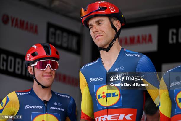Juan Pedro Lopez of Spain and Carlos Verona of Spain and Team Lidi-Trek prior to the 103rd Volta Ciclista a Catalunya 2024 - Stage 5 a 167.3km stage...