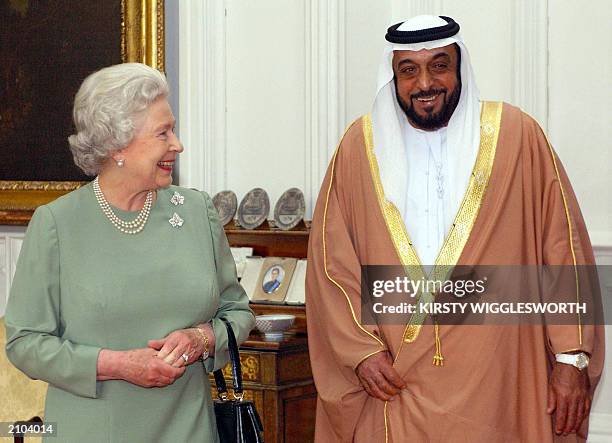 Britain's Queen Elizabeth II meets with his Highness Shaikh Khalifa bin Zayed al Nayhan, Crown Prince of Abu Dhabi, who she invited for tea, 06 June...