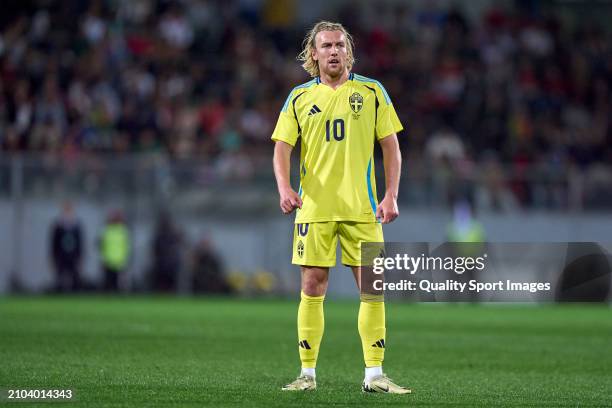 Emil Forsberg of Sweden looks on during the international friendly match between Portugal and Sweden at Estadio Dom Afonso Henriques on March 21,...