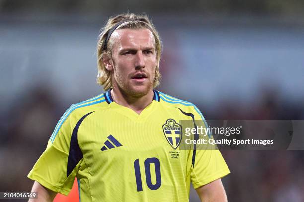 Emil Forsberg of Sweden looks on during the international friendly match between Portugal and Sweden at Estadio Dom Afonso Henriques on March 21,...