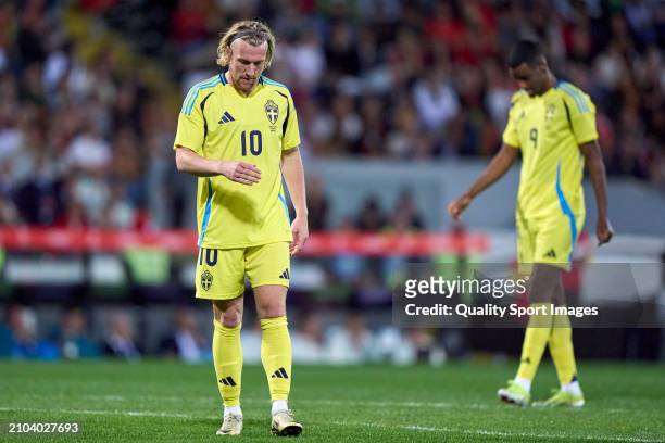 Emil Forsberg and Alexander Isak of Sweden react during the international friendly match between Portugal and Sweden at Estadio Dom Afonso Henriques...