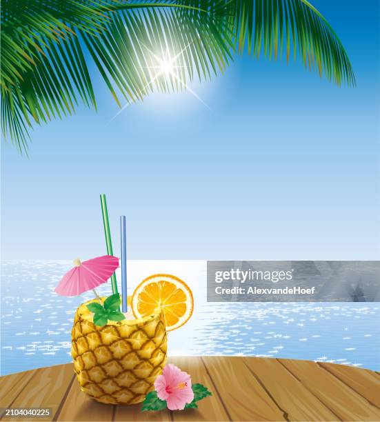 pina colada in pineapple on table with tropical sea and palm leaf - coconut water isolated stock illustrations