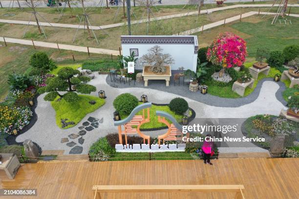 Aerial view of layout of the 2024 Guangdong-Hong Kong-Macao Greater Bay Area Flower Show on March 22, 2024 in Shenzhen, Guangdong Province of China....