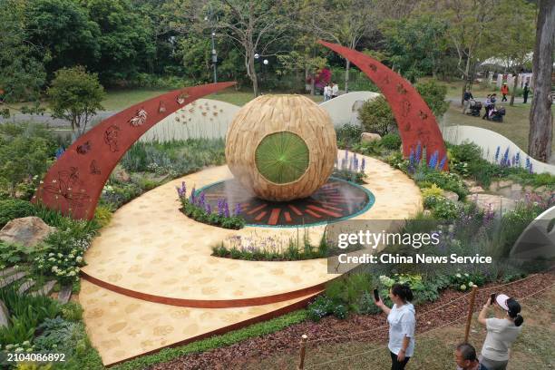 Aerial view of layout of the 2024 Guangdong-Hong Kong-Macao Greater Bay Area Flower Show on March 22, 2024 in Shenzhen, Guangdong Province of China....