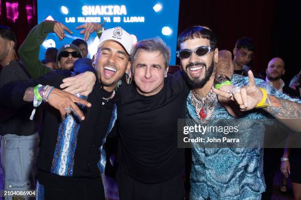 Ozuna, Afo Verde and Anuel AA attend the Shakira "Las Mujeres Ya No Lloran" Album Release Party at Hard Rock Live at Seminole Hard Rock Hotel &...