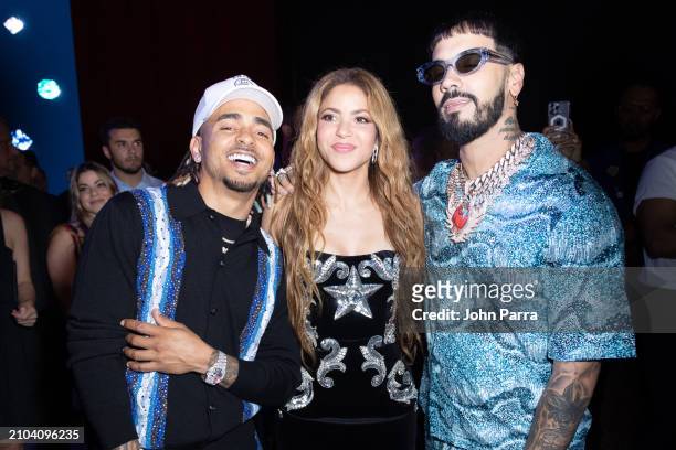 Ozuna, Shakira and Anuel AA are seen at the Shakira "Las Mujeres Ya No Lloran" Album Release Party at Hard Rock Live at Seminole Hard Rock Hotel &...