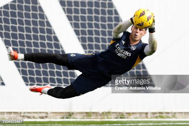 Kepa Arrizabalaga player of Real Madrid is training at Valdebebas training ground on March 22, 2024 in Madrid, Spain.