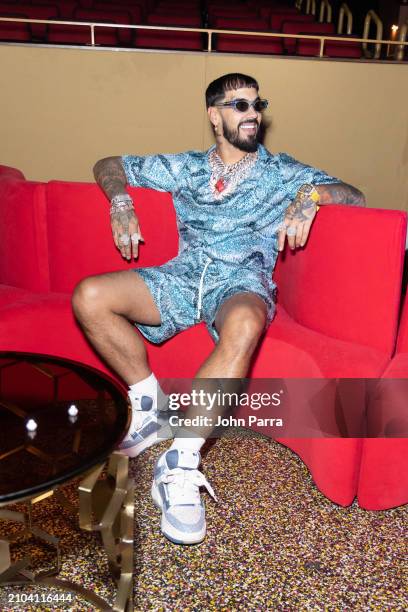 Anuel AA is seen at Shakira "Las Mujeres Ya No Lloran" Album Release Party at Hard Rock Live at Seminole Hard Rock Hotel & Casino Hollywood on March...