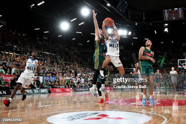Shea Ili of United drives to the basket during game two of the NBL Championship Grand Final Series between Tasmania Jackjumpers and Melbourne United...