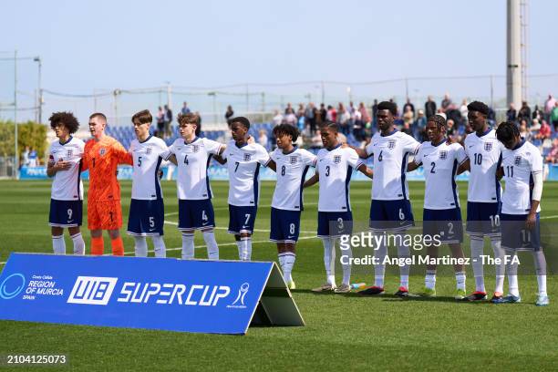 Players of England U18 line up prior to the International Friendly match between England U18 and Germany U18 at Pinatar Arena on March 22, 2024 in...