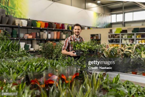 florist worker transporting crate of potted plants - entrepreneur stockfoto's en -beelden