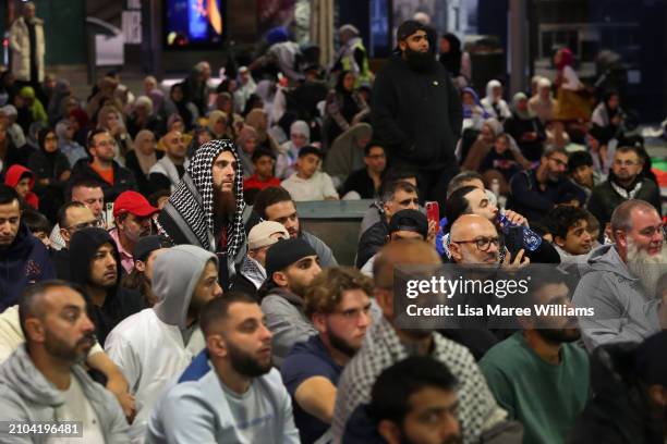 Members of the Sydney Muslim community hold Taraweeh Prayer for Palestine at Martin Place on March 22, 2024 in Sydney, Australia. Ramadan has taken...